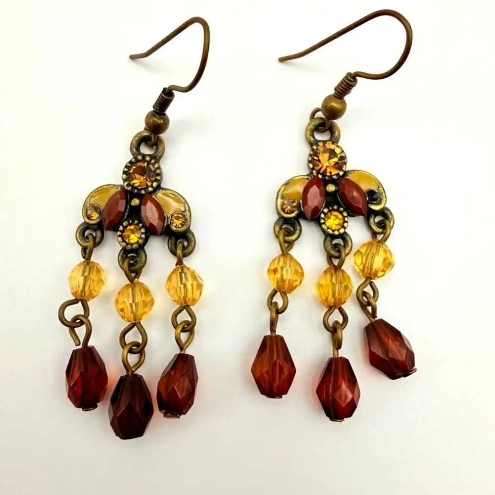 Lot of 3 Vintage Victorian Style Brass Boho Crystal Chandelier Dangle Earrings